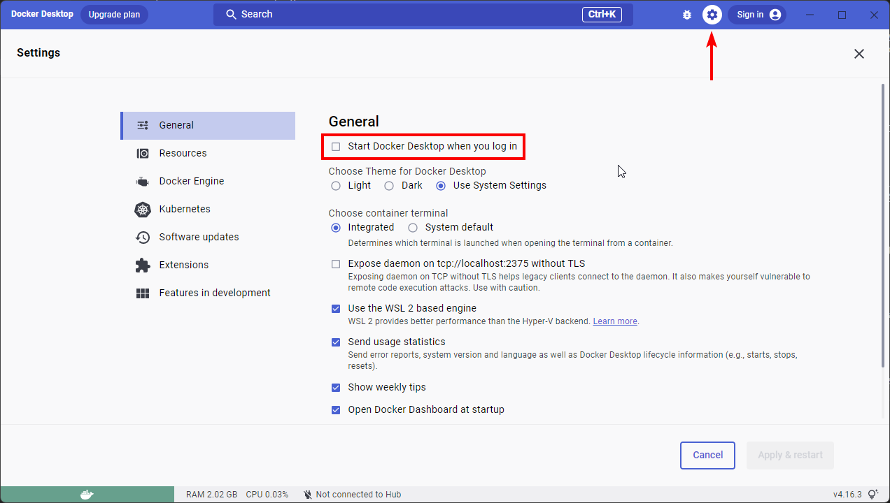 Docker Desktop general settings in a Windows computer.